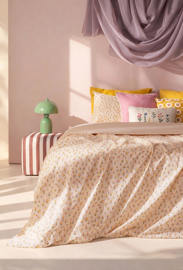 Evidea Soft Bloom Çift Kişilik Nevresim Takımı - Hardal / Pembe