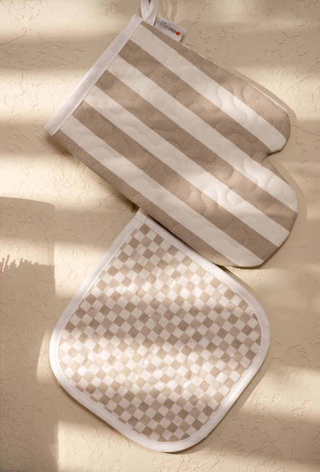 Evidea Soft Riga Fırın Eldiveni ve Tutaç Set - Bej / Ekru - 17x28 cm + 20x20 cm